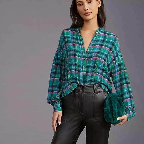 Anthropologie Tops - NWOT PILCRO × ANTHROPOLOGIE Plaid Seersucker Cropped Puff Sleeve Shirt Top S